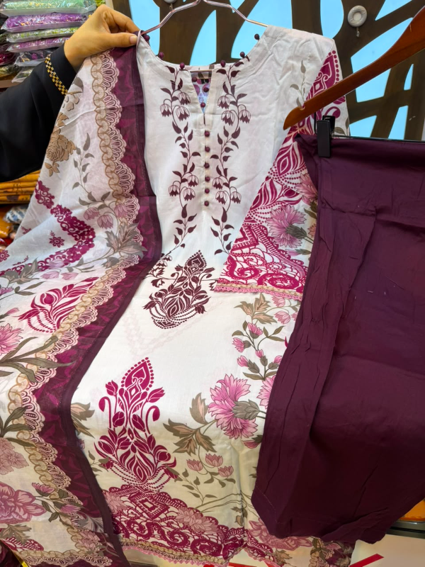 Swiss Lawn Printed Cotton 3-Piece Suit with Potli & Button Accents - Off-White & Deep Plum