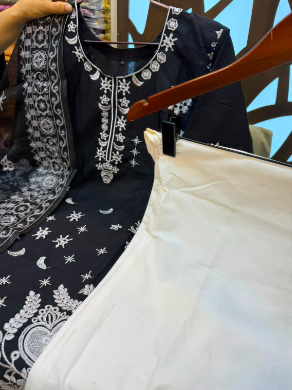 Pakistani Inspired Embroidered Cotton 3-Piece Suit with Chiffon Tie-Dye Dupatta & Farshi Salwar