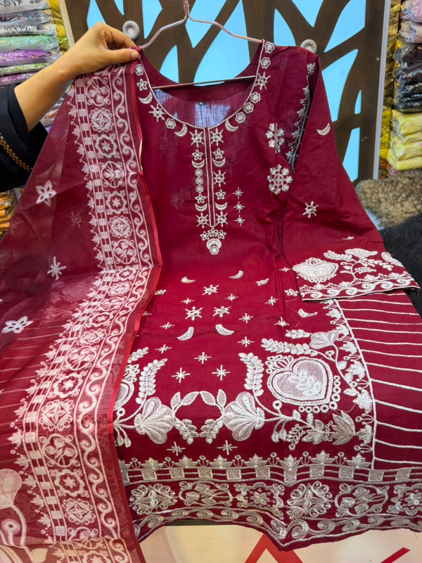 Pakistani Inspired Embroidered Cotton 3-Piece Suit with Chiffon Tie-Dye Dupatta & Farshi Salwar