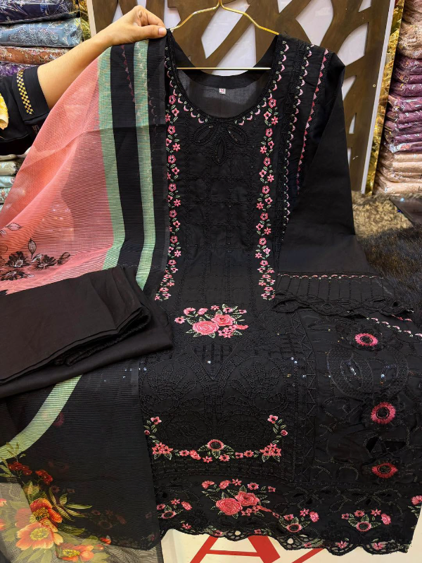 Black Stitched Cotton Dress with Pink Floral Embroidery, Cutwork Daman & Floral Dupatta