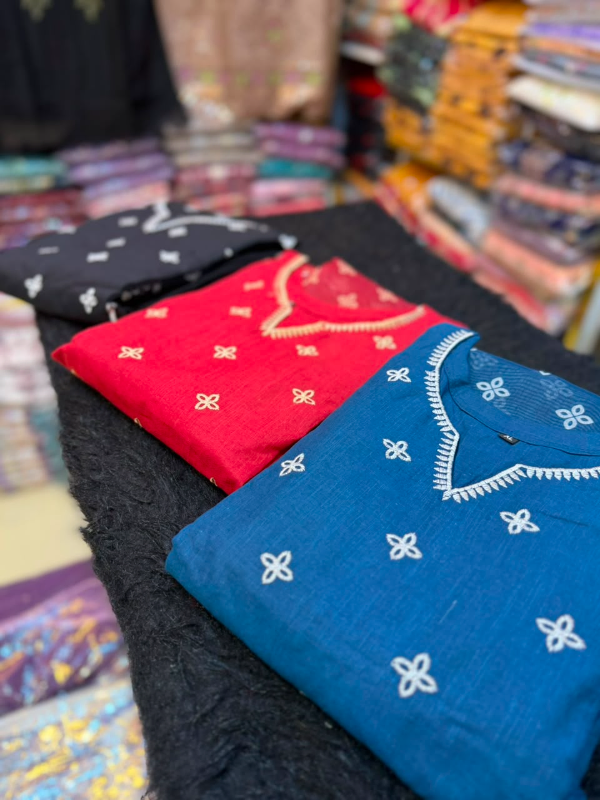 Pakistani Inspired Embroidered Cotton 3-Piece Suit with Chiffon Dupatta & Farshi Salwar