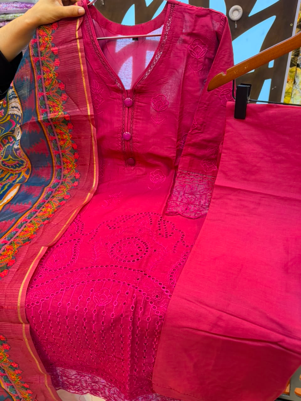 Tawakkal Inspired Laser Cut Embroidered Cotton 3-Piece Suit with Printed Quota Dupatta