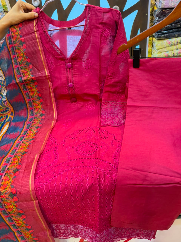 Tawakkal Inspired Laser Cut Embroidered Cotton 3-Piece Suit with Printed Quota Dupatta