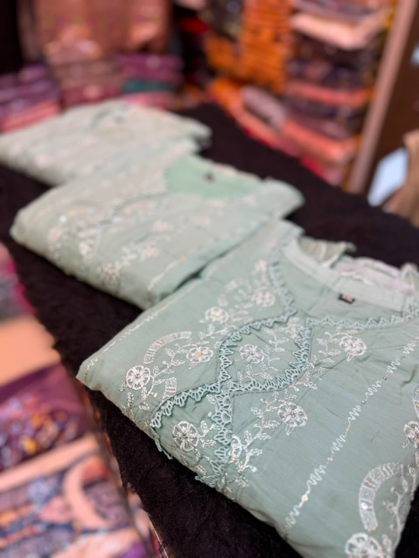 Tawakkal Inspired Laser Cut Embroidered Cotton 3-Piece Suit with Printed Kota Dupatta- Mint Green