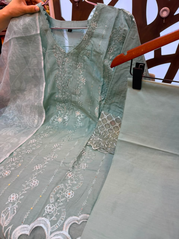 Tawakkal Inspired Laser Cut Embroidered Cotton 3-Piece Suit with Printed Kota Dupatta- Mint Green