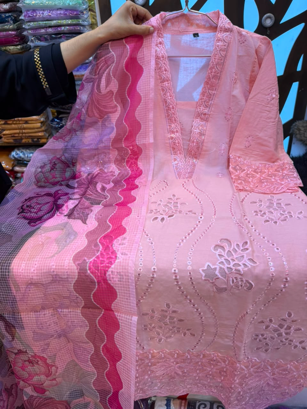 Tawakkal Inspired Baby Pink Cutwork Embroidered Cotton 3-Piece Suit with Kota Printed Dupatta