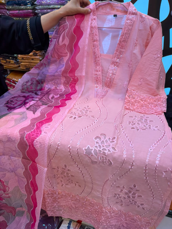 Tawakkal Inspired Baby Pink Cutwork Embroidered Cotton 3-Piece Suit with Kota Printed Dupatta