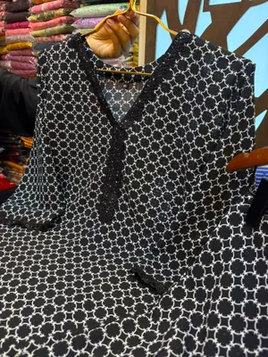 Classic Black & White Printed China Crap Silk Stitched Co-ord Set with Neckline Lace Work