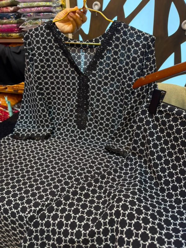 Classic Black & White Printed China Crap Silk Stitched Co-ord Set with Neckline Lace Work