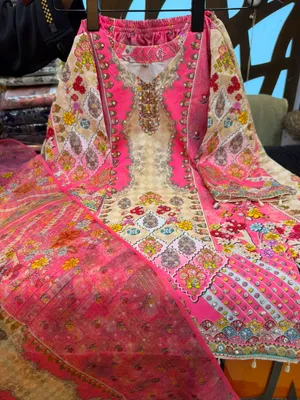 Printed Dubai Cherry Silk Girls 3-Piece Suit with Stone Work