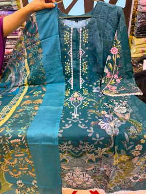 Floral Printed Cotton Stitched Three-Piece Suit - Teal Blue / Deep Peacock Blue