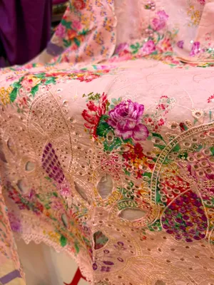 Floral Printed Cotton Three-Piece Suit with Cutwork Embroidery - Soft Baby Pink Base