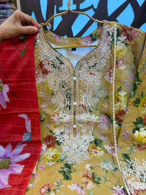 Floral Printed Cotton Three-Piece Suit with Embroidered Cutwork - Mustard Yellow / Beige Base