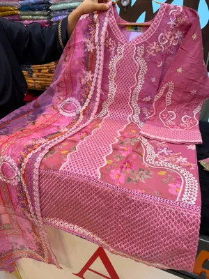 Pakistani-Inspired Embroidered Swiss Lawn Slub Cotton Three-Piece Suit - Mauve Pink / Dusty Rose