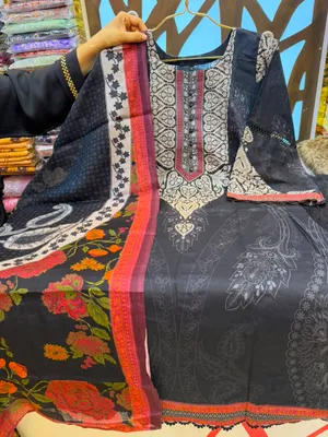 Ethnic Printed Black Cotton Farshi Three-Piece Suit - Charcoal Black Base