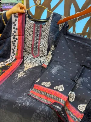 Ethnic Printed Black Cotton Farshi Three-Piece Suit - Charcoal Black Base