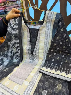 Monochrome Printed Swiss Lawn Three-Piece Suit Set - Charcoal Black, Off-White, and Beige Accent Shades