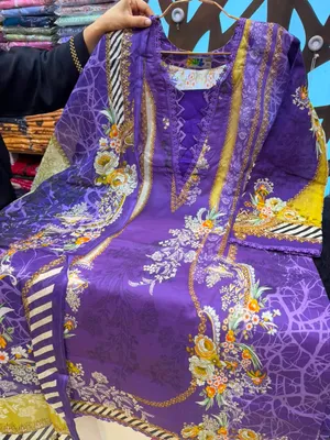 Printed Swiss Lawn Stitched Three-Piece Suit - Royal Purple Base with Vibrant Yellow