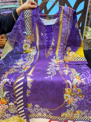 Printed Swiss Lawn Stitched Three-Piece Suit - Royal Purple Base with Vibrant Yellow
