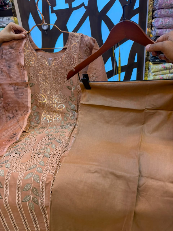 Pakistani-Inspired Embroidered Solid Cotton Three-Piece Suit - Solid Caramel Tan / Light Cinnamon Brown