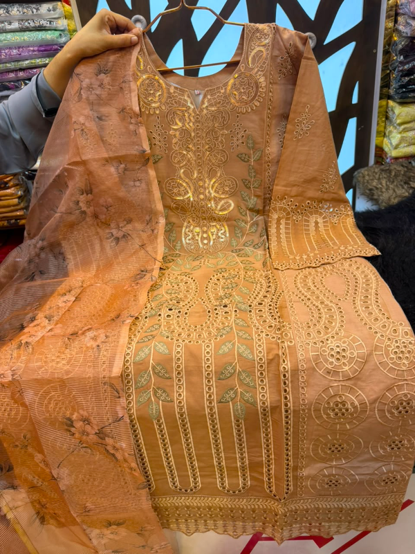Pakistani-Inspired Embroidered Solid Cotton Three-Piece Suit - Solid Caramel Tan / Light Cinnamon Brown