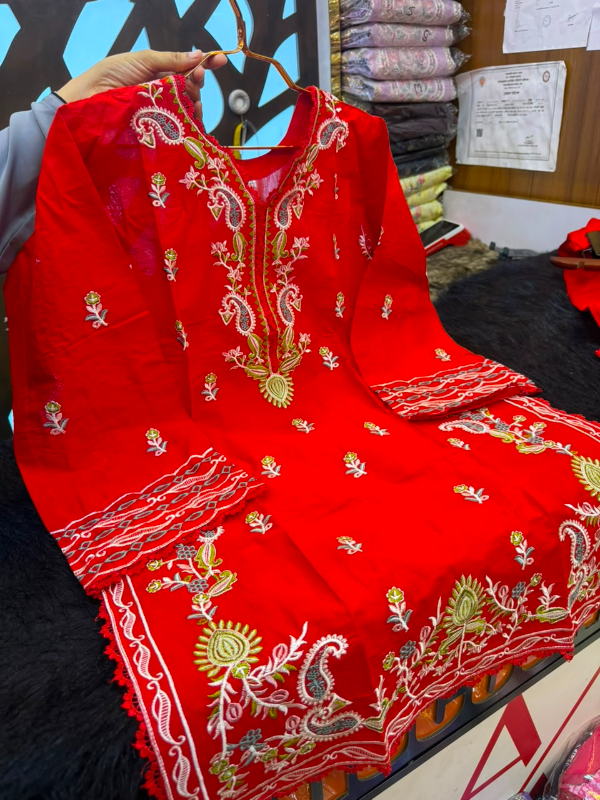 Pakistani-Inspired Embroidered Solid Cotton Two-Piece Suit - Vibrant Crimson Red / Deep Red