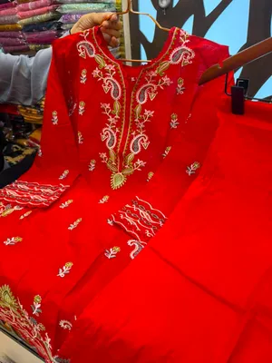 Pakistani-Inspired Embroidered Solid Cotton Two-Piece Suit - Vibrant Crimson Red / Deep Red
