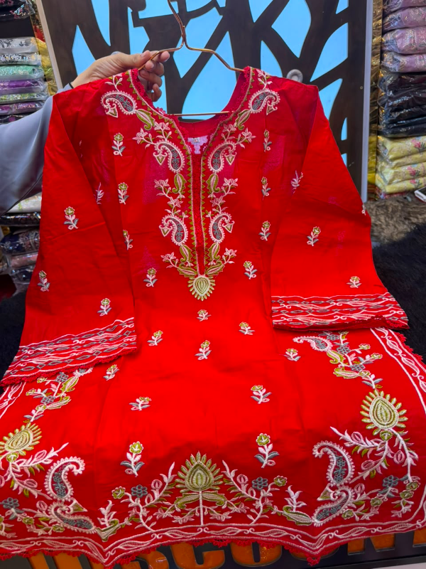 Pakistani-Inspired Embroidered Solid Cotton Two-Piece Suit - Vibrant Crimson Red / Deep Red