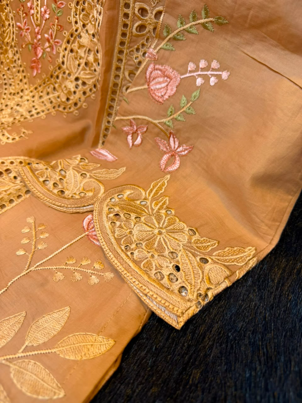 Pakistani-Inspired Embroidered Solid Cotton Three-Piece Suit - Solid Warm Camel / Light Mocha Tan