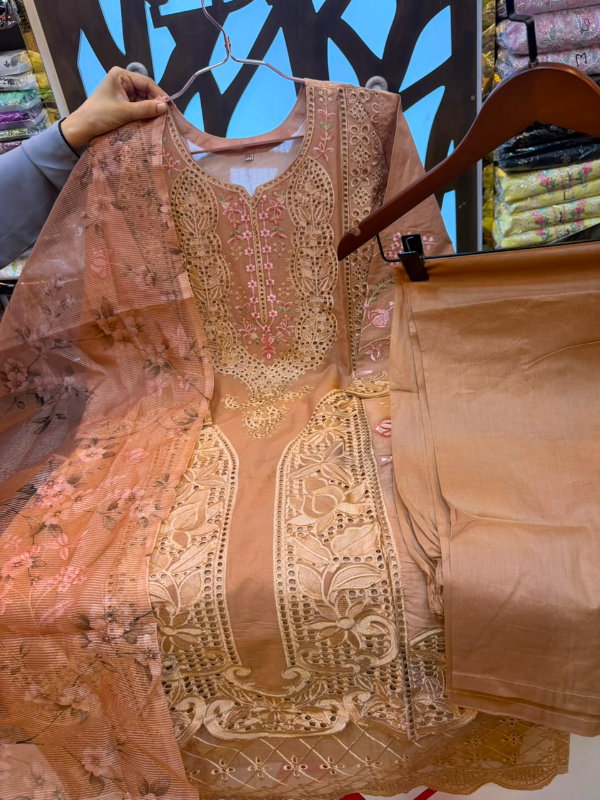 Pakistani-Inspired Embroidered Solid Cotton Three-Piece Suit - Solid Warm Camel / Light Mocha Tan