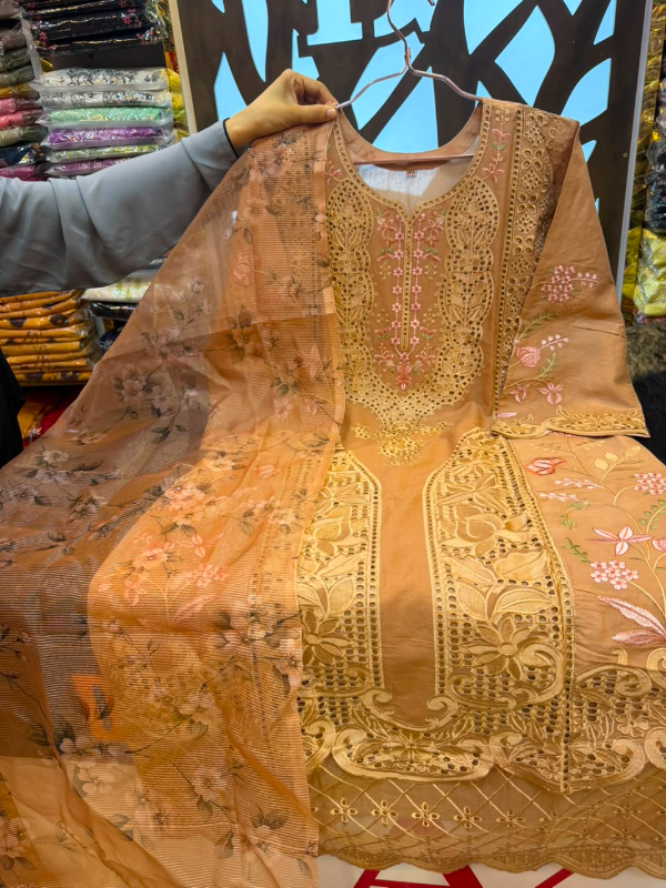 Pakistani-Inspired Embroidered Solid Cotton Three-Piece Suit - Solid Warm Camel / Light Mocha Tan