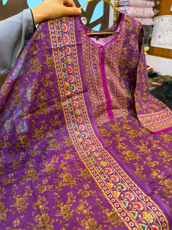 Deep Purple Floral & Folk Printed Swiss Lawn Three-Piece Suit Set - Rich Deep Purple Base