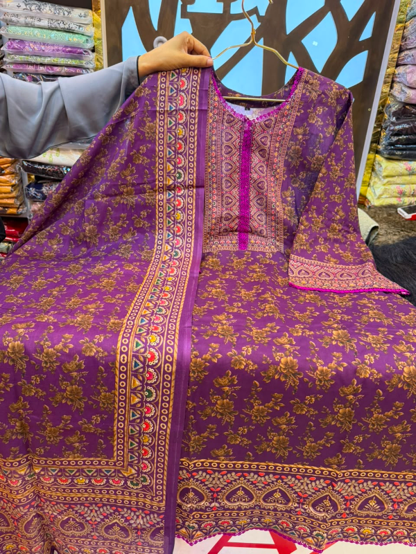 Deep Purple Floral & Folk Printed Swiss Lawn Three-Piece Suit Set - Rich Deep Purple Base