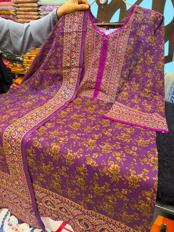Deep Purple Floral & Folk Printed Swiss Lawn Three-Piece Suit Set - Rich Deep Purple Base
