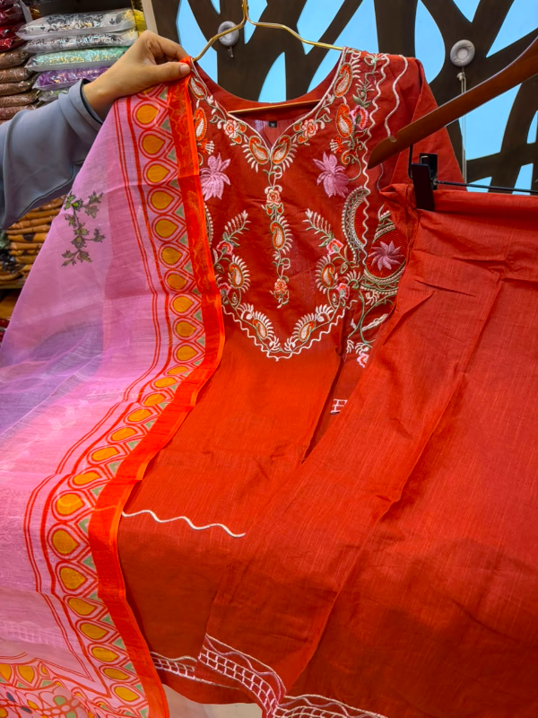 Pakistani-Inspired Embroidered Three-Piece Suit Collection - Vibrant Rust Orange