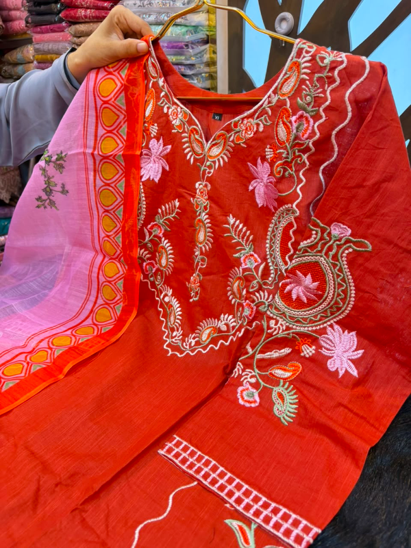 Pakistani-Inspired Embroidered Three-Piece Suit Collection - Vibrant Rust Orange