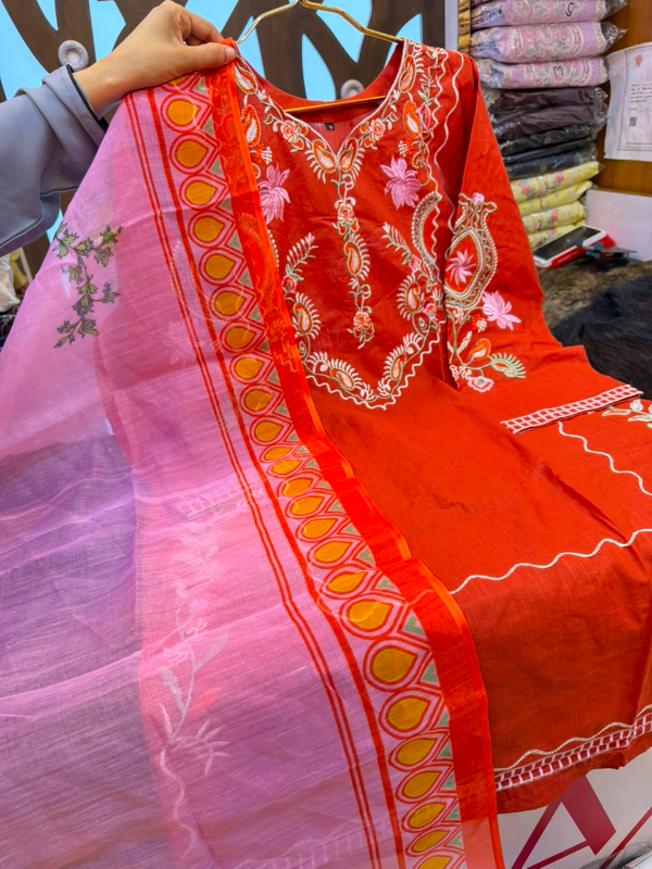 Pakistani-Inspired Embroidered Three-Piece Suit Collection - Vibrant Rust Orange