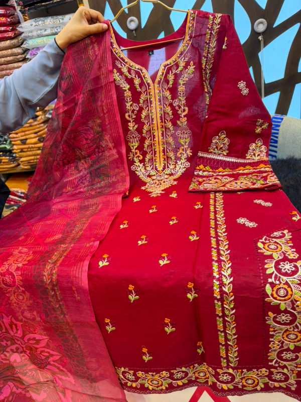 Pakistani-Inspired Embroidered Three-Piece Suit Collection - Rich Magenta / Maroon Base