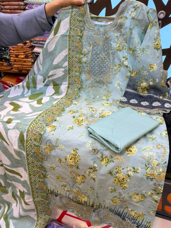 Mint Blue Floral Embroidered Swiss Lawn Three-Piece Suit Set - Refreshing Mint Blue / Pastel Sea Green Base
