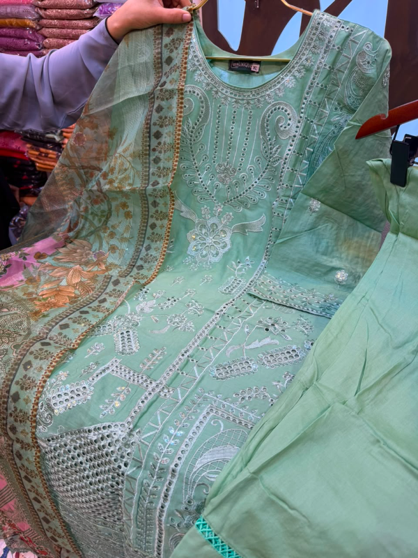 Mint Green Embroidered Solid Cotton Three-Piece Suit - Fresh Mint Green / Sage Green Base