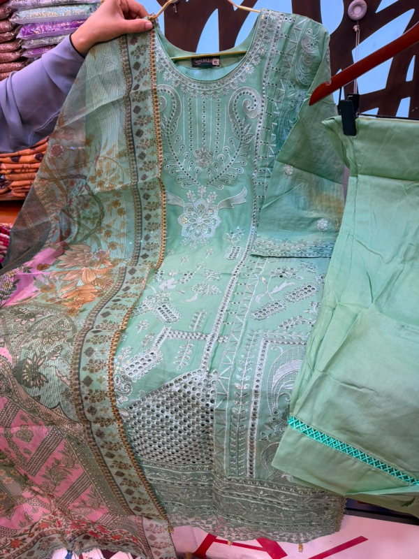 Mint Green Embroidered Solid Cotton Three-Piece Suit - Fresh Mint Green / Sage Green Base