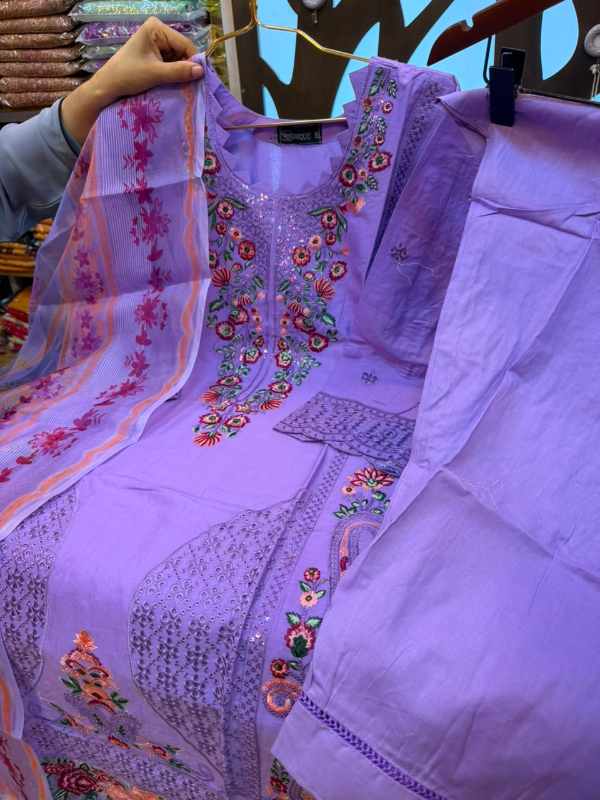 Soft Lavender Floral Embroidered Solid Cotton Three-Piece Suit - Soft Pastel Lavender / Lilac Base