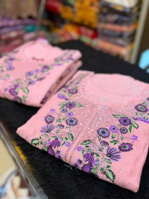 Blush Pink Floral Embroidered Solid Cotton Three-Piece Suit - Soft Baby Pink / Blush Pink Base