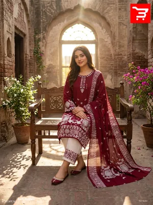 Pakistani Inspired Embroidered Cotton 3-Piece Suit with Chiffon Tie-Dye Dupatta & Farshi Salwar