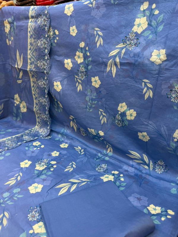 Pakistani-Inspired Floral Printed & Embroidered Swiss Lawn Three-Piece Suit (Unstitched) - Cornflower Blue, Olive Gold