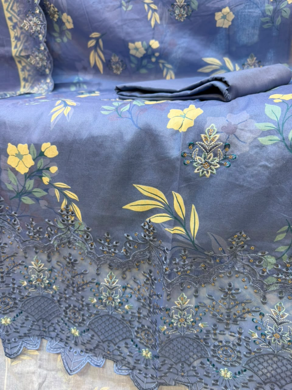 Pakistani-Inspired Floral Printed & Embroidered Swiss Lawn Three-Piece Suit (Unstitched) - Cornflower Blue, Olive Gold