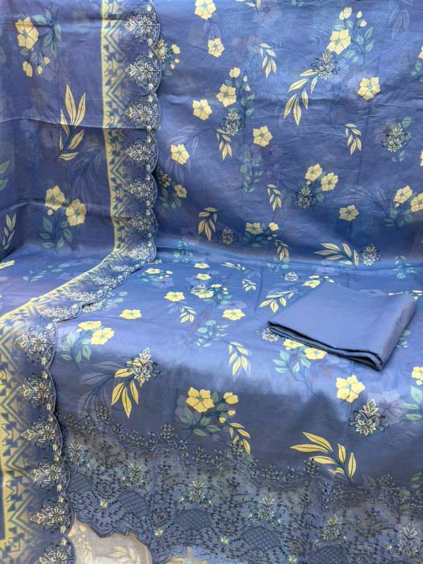 Pakistani-Inspired Floral Printed & Embroidered Swiss Lawn Three-Piece Suit (Unstitched) - Cornflower Blue, Olive Gold