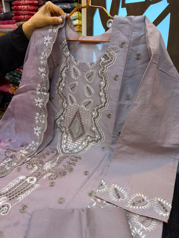 Pakistani-Inspired Solid Color Embroidered Swiss Lawn Three-Piece Semi-Stitched Suit - Dusty Mauve, Soft Violet, Blush Pink & Rose Lilac