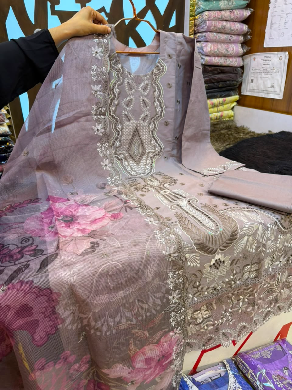 Pakistani-Inspired Solid Color Embroidered Swiss Lawn Three-Piece Semi-Stitched Suit - Dusty Mauve, Soft Violet, Blush Pink & Rose Lilac