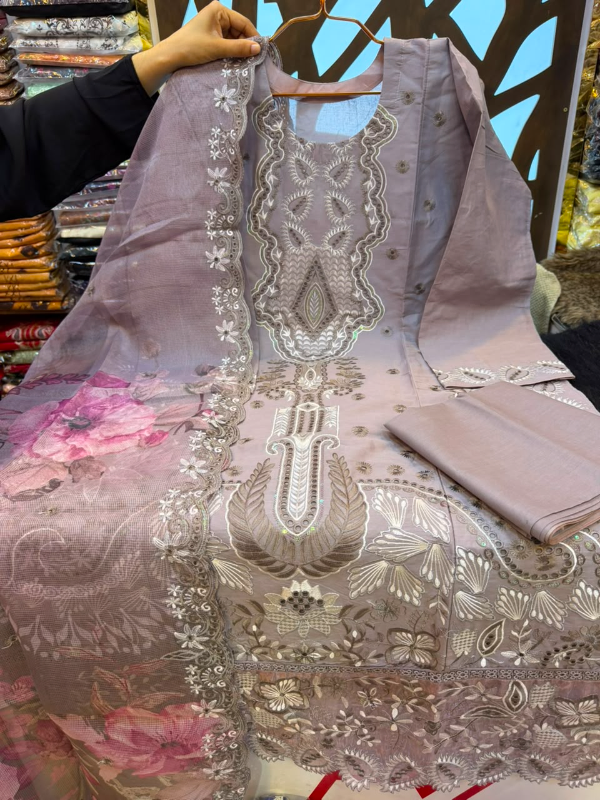 Pakistani-Inspired Solid Color Embroidered Swiss Lawn Three-Piece Semi-Stitched Suit - Dusty Mauve, Soft Violet, Blush Pink & Rose Lilac